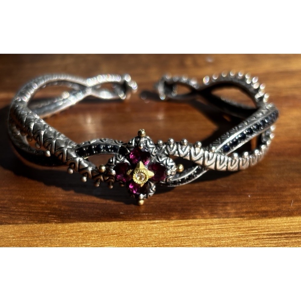 Barbara Bixby 18k Gold Sterling Rhodolite Garnet Black Onyx Cross Over Bracelet